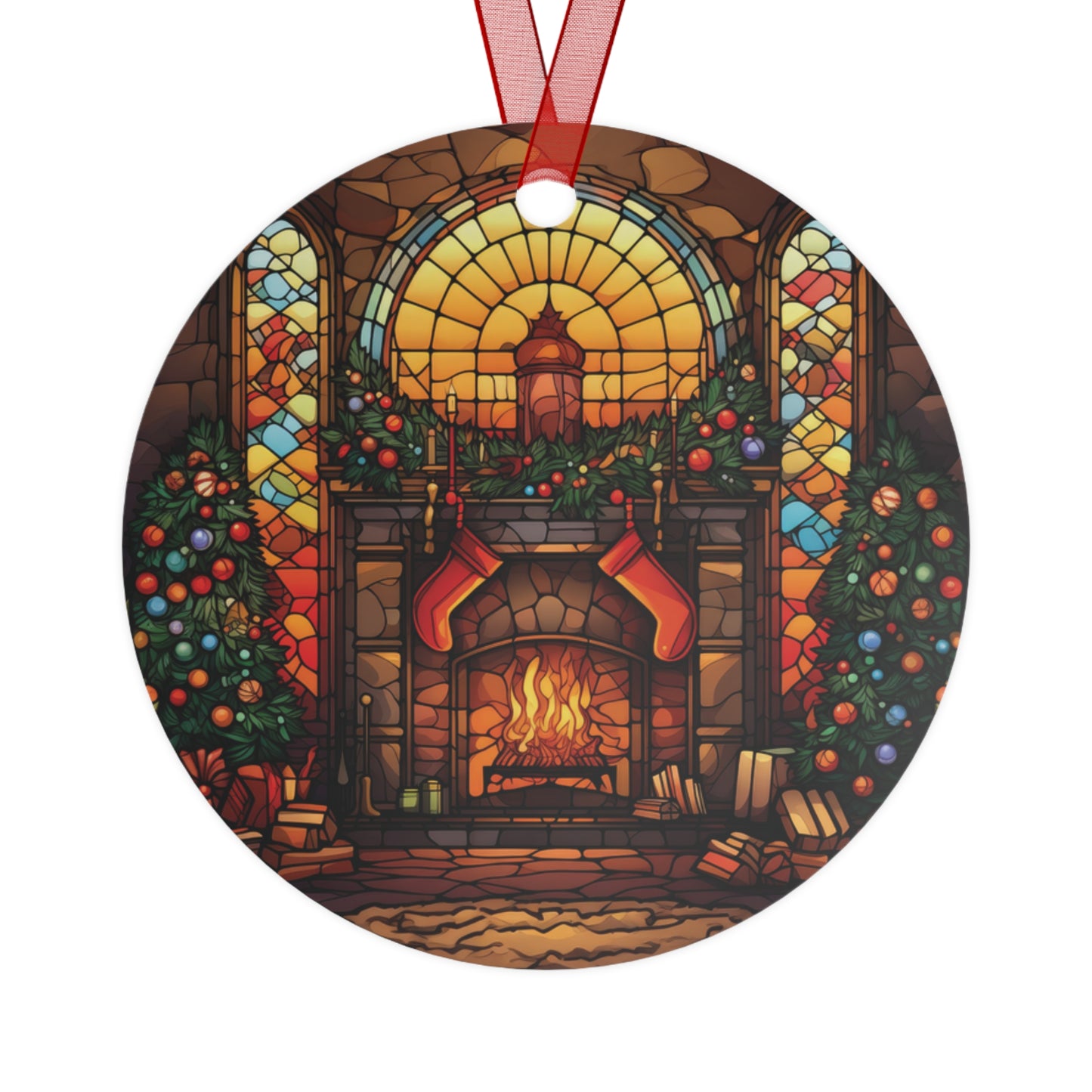 Cozy Christmas Fireplace Stained Glass Style Ornament Lightweight Shaterproof Metal Ornaments Christmas Ornament Exchange Decoration Gift