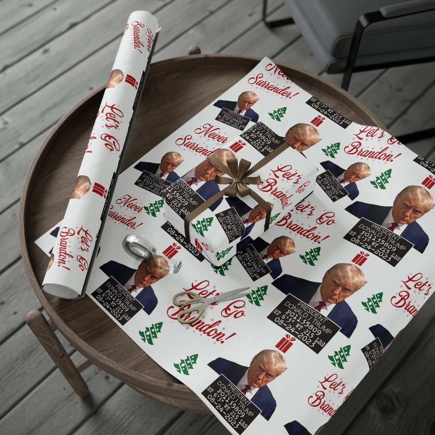 The Trump Mugshot Gift Wrap - Let's Go Brandon Gift Wrap - Santa Trump 2024 Never Surrender Wrapping Paper