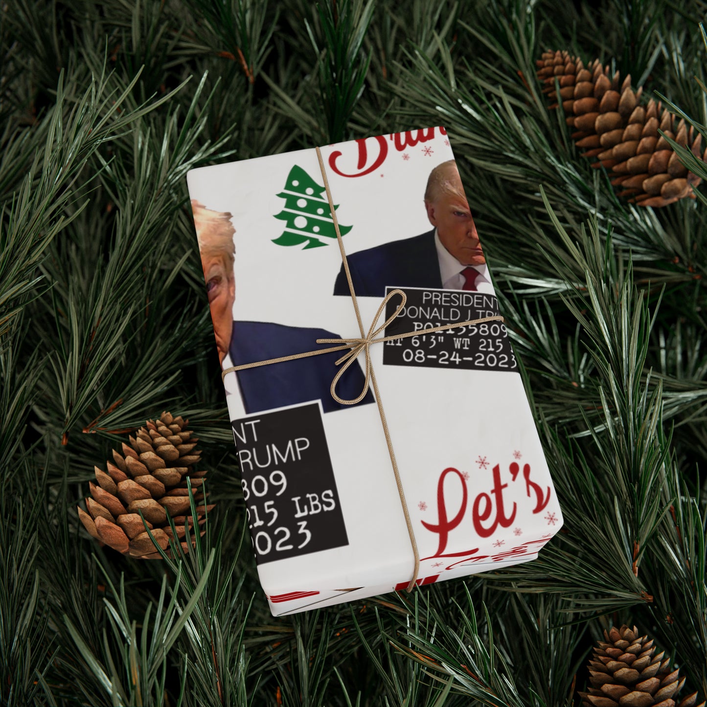 The Trump Mugshot Gift Wrap - Let's Go Brandon Gift Wrap - Santa Trump 2024 Never Surrender Wrapping Paper