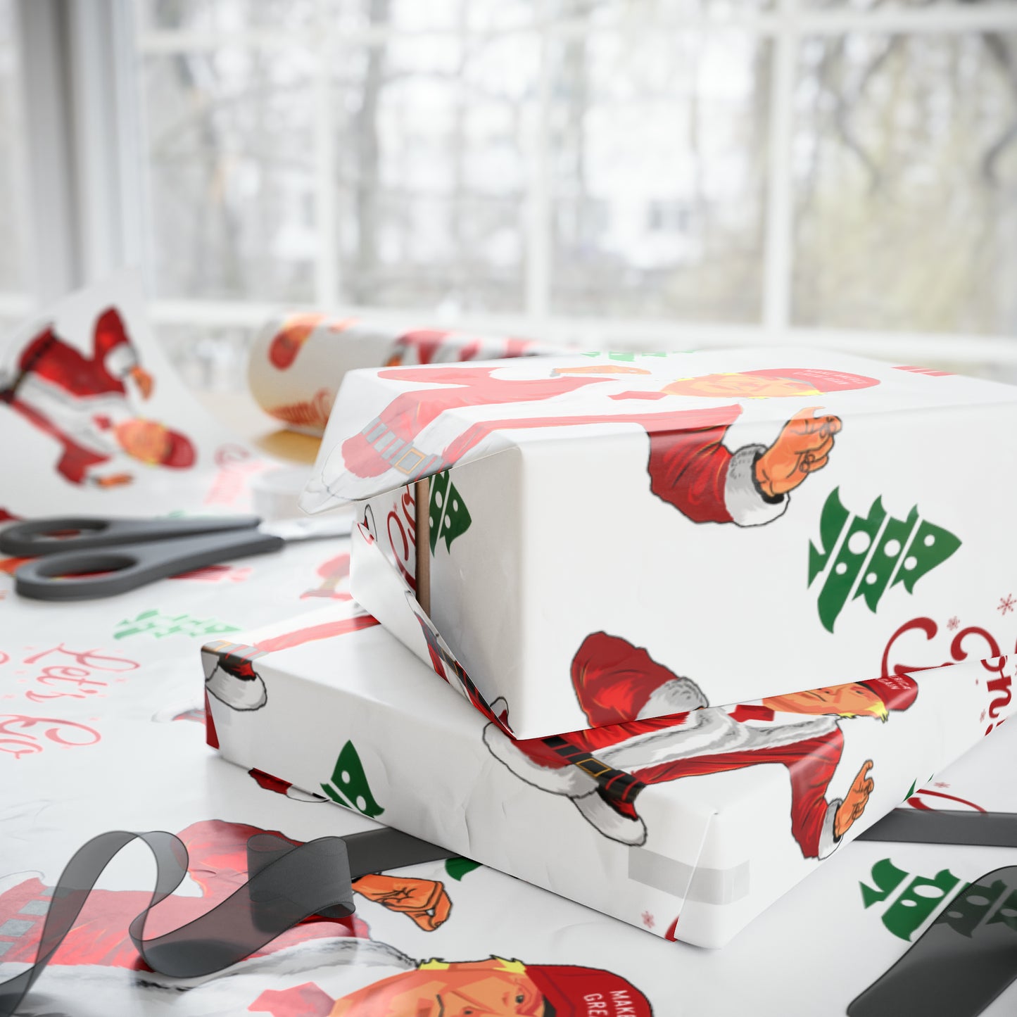 Jolly Trump Gift Wrap for Christmas - Joe Let's Go Brandon Gift - Santa Trump White Wrapping Paper