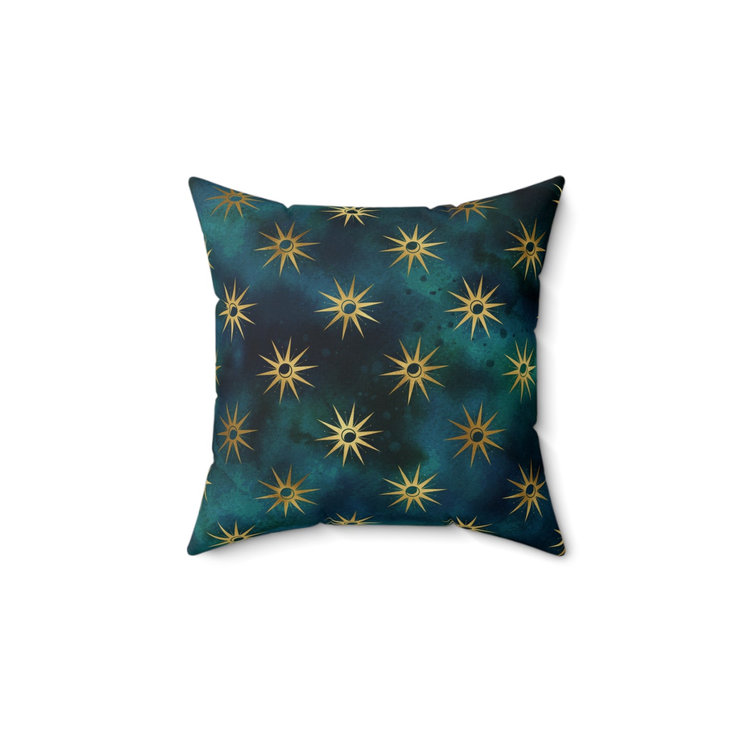 Fantasy Space Blue Teal Green Gold Moon Sun Print Spun Polyester Square Pillow