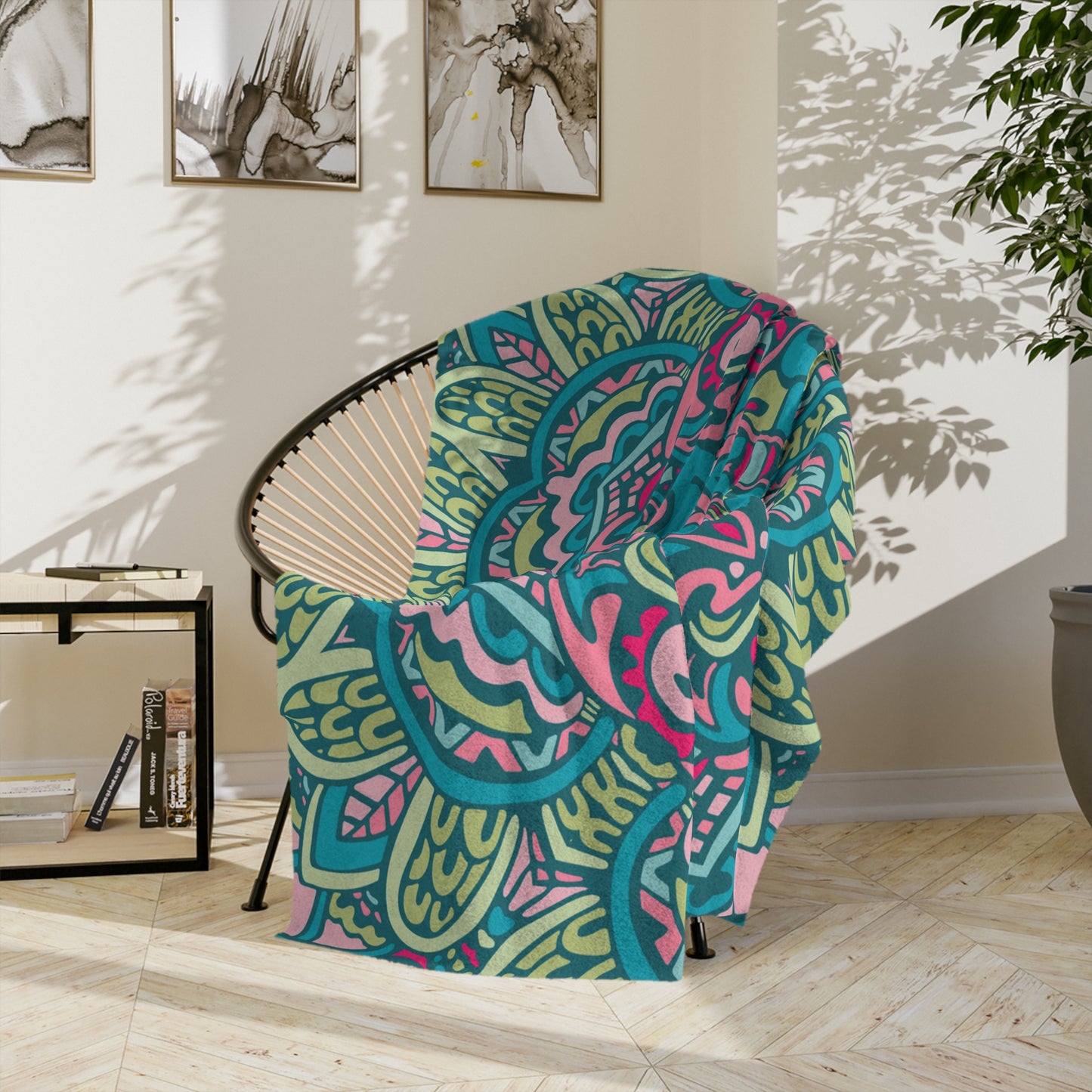 Glimmery Green Blue Purple Mandala Throw Sofa Bed Blanket - Soft Thick Velveteen Minky Throw Blanket