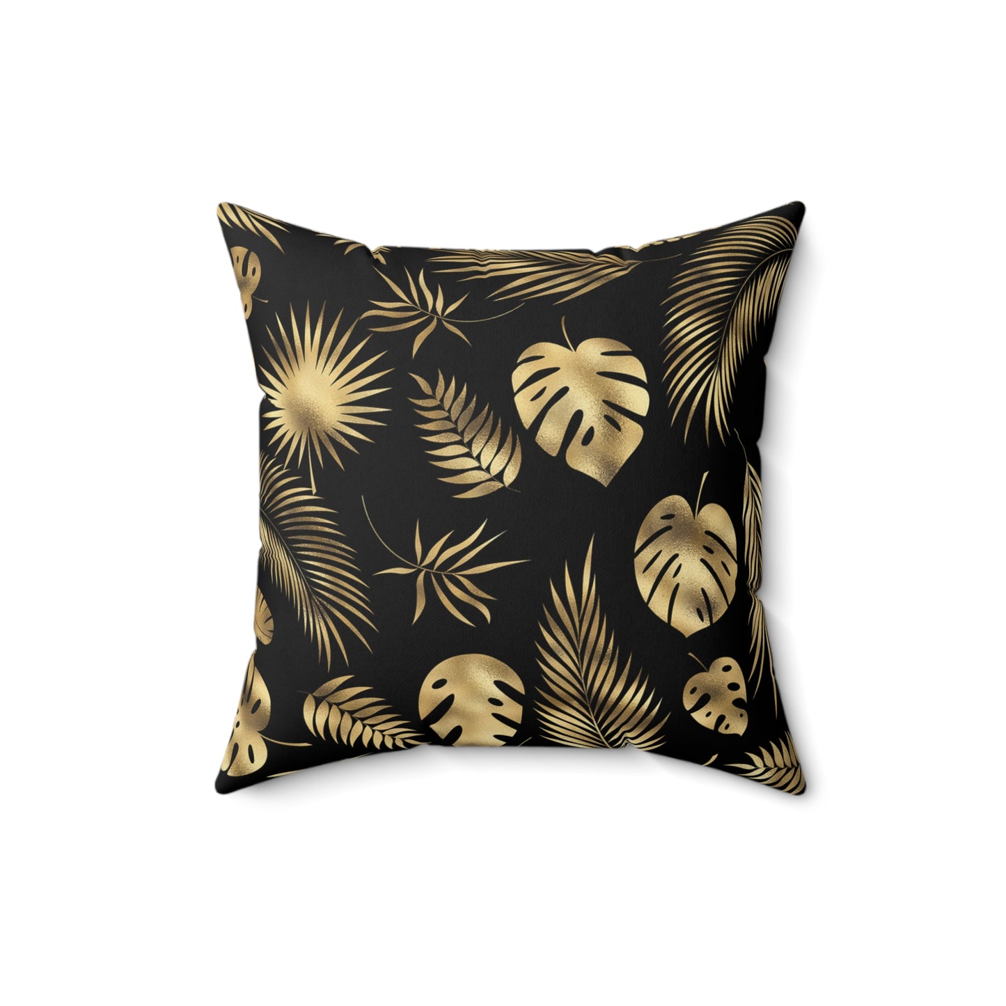 Gorgeous Print Black Gold Monstera Fern Leaves Spun Polyester Square Pillow