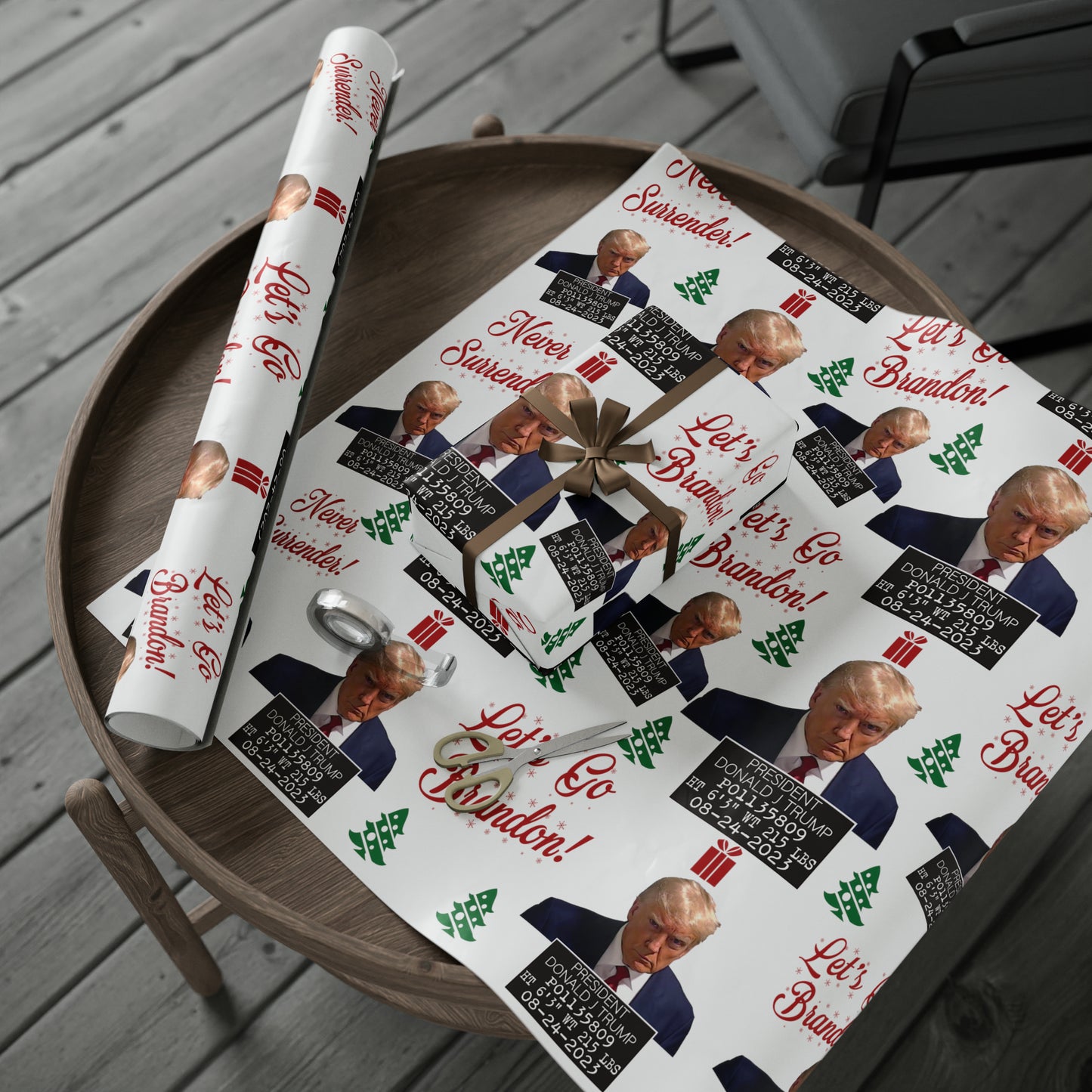 The Trump Mugshot Gift Wrap - Let's Go Brandon Gift Wrap - Santa Trump 2024 Never Surrender Wrapping Paper
