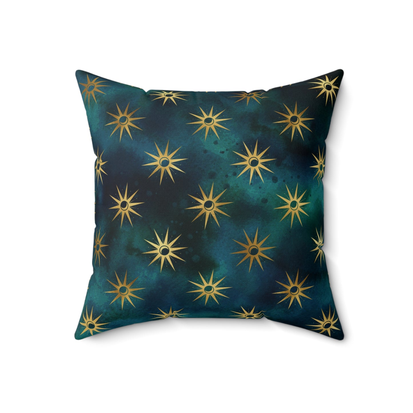 Fantasy Space Blue Teal Green Gold Moon Sun Print Spun Polyester Square Pillow