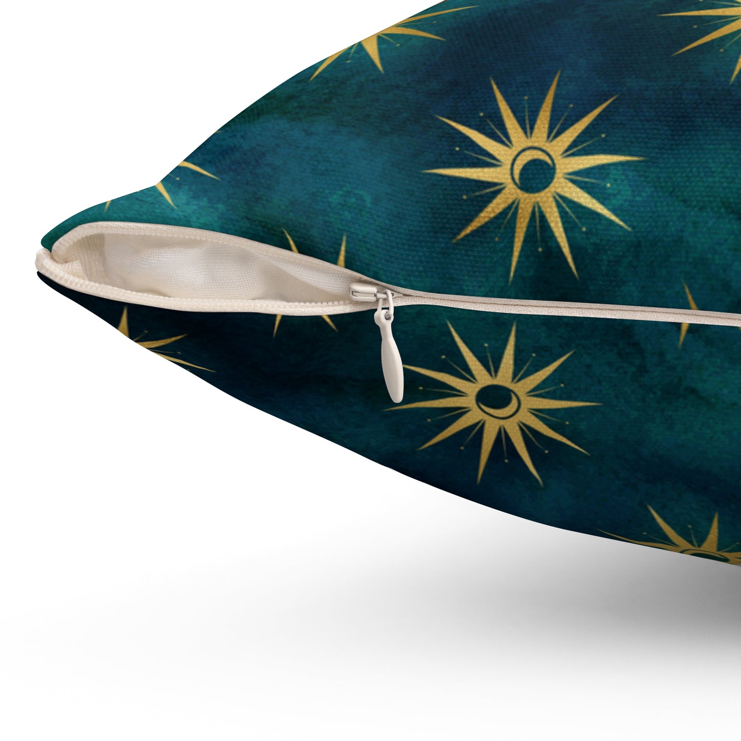 Fantasy Space Blue Teal Green Gold Moon Sun Print Spun Polyester Square Pillow
