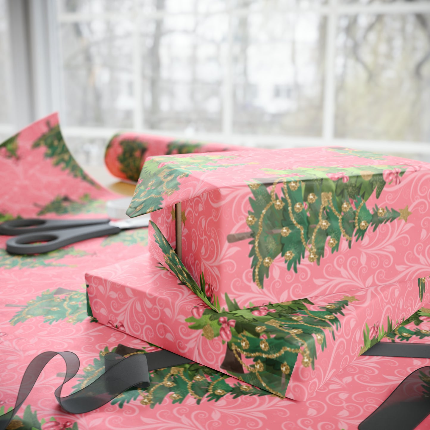 Beautiful Christmas Tree Pink Gift Wrap - Pink Wrapping Paper Christmas Trees