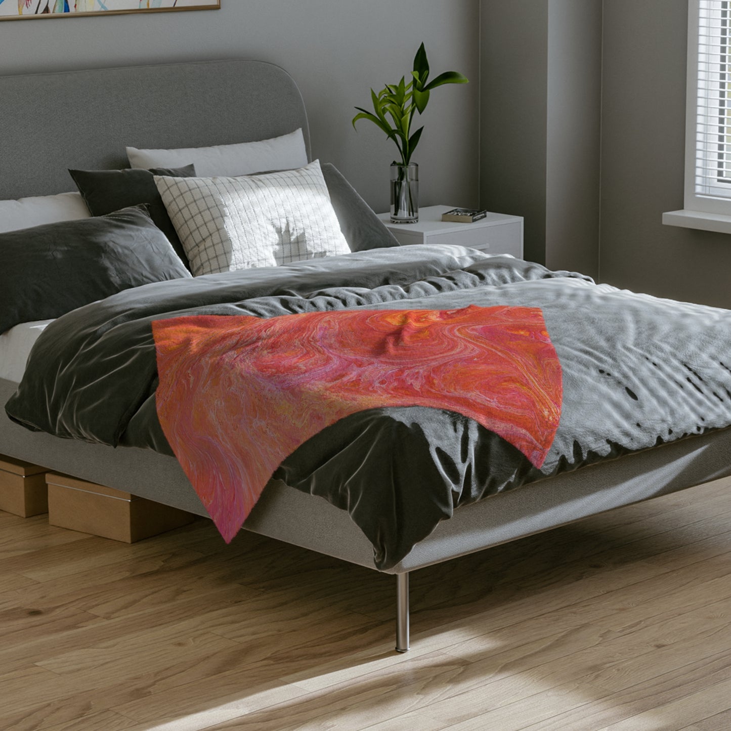 Orange Pink Hues Acrylic Fluid Pattern Style Throw Sofa Bed Blanket - Soft Thick Velveteen Minky Throw Blanket