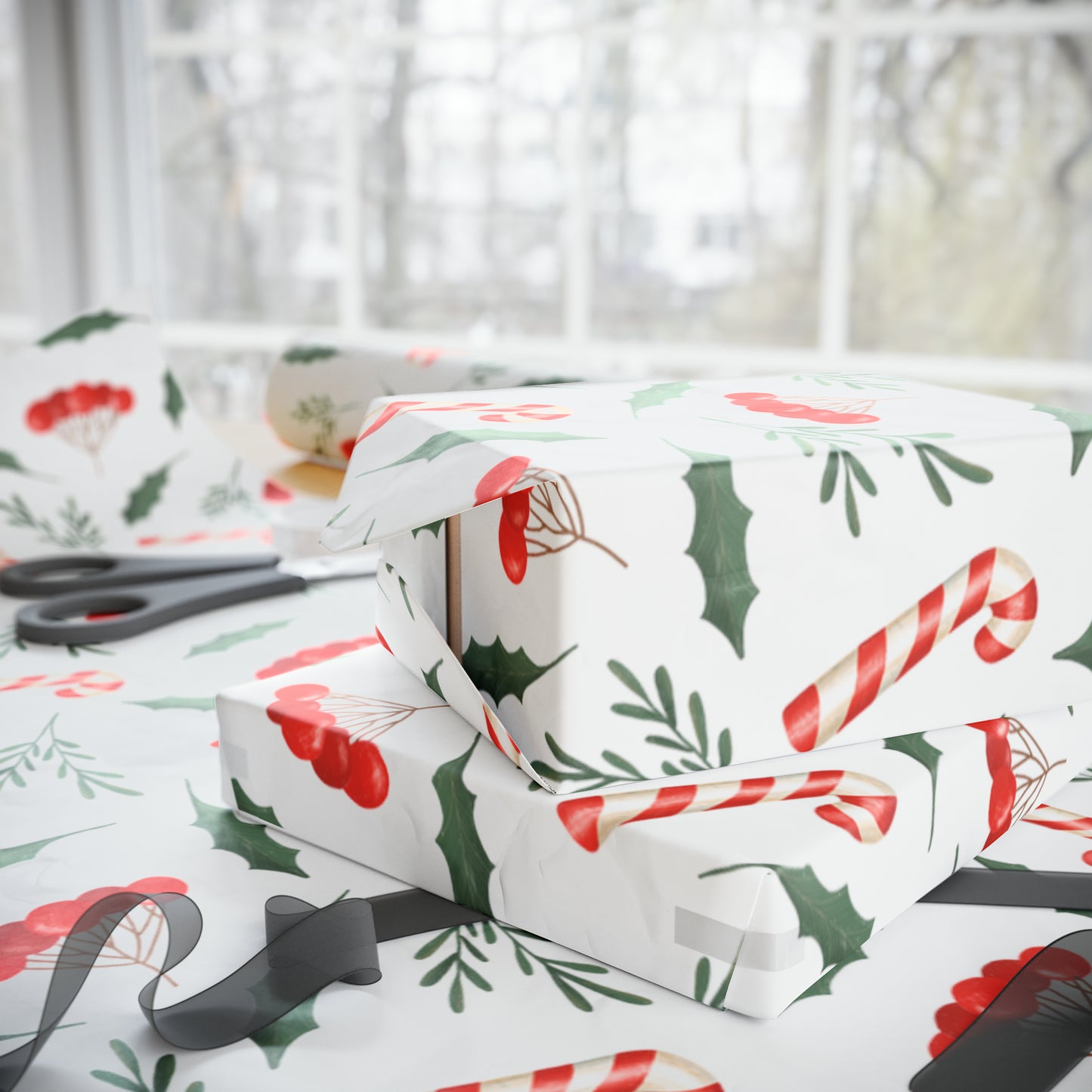 Candy Cane Holly Pastel Christmas Gift Wrap - Christmas Wrapping Paper