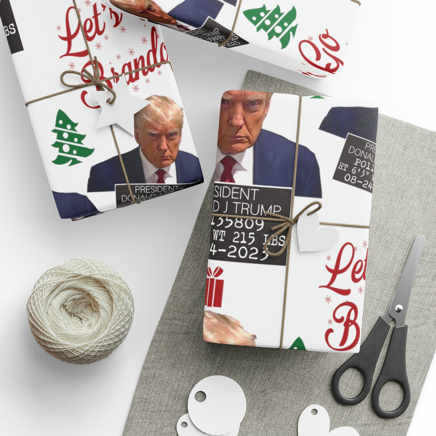 The Trump Mugshot Gift Wrap - Let's Go Brandon Gift Wrap - Santa Trump 2024 Never Surrender Wrapping Paper