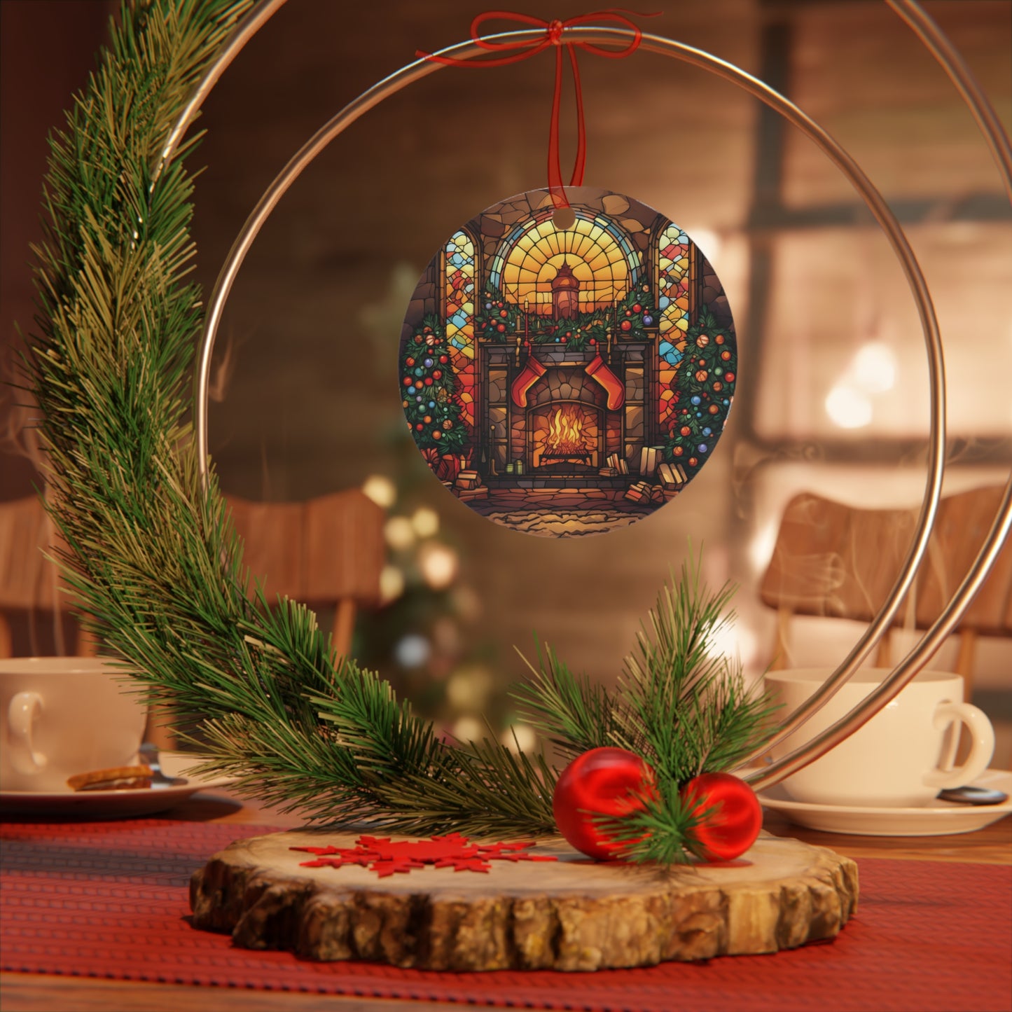 Cozy Christmas Fireplace Stained Glass Style Ornament Lightweight Shaterproof Metal Ornaments Christmas Ornament Exchange Decoration Gift