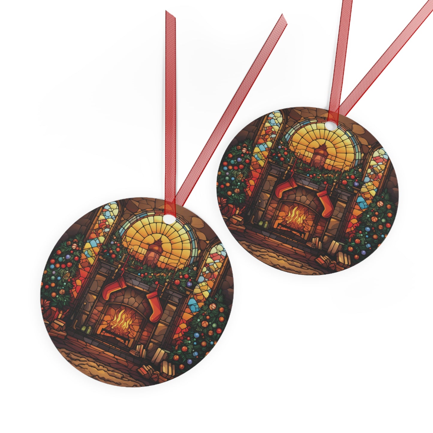 Cozy Christmas Fireplace Stained Glass Style Ornament Lightweight Shaterproof Metal Ornaments Christmas Ornament Exchange Decoration Gift