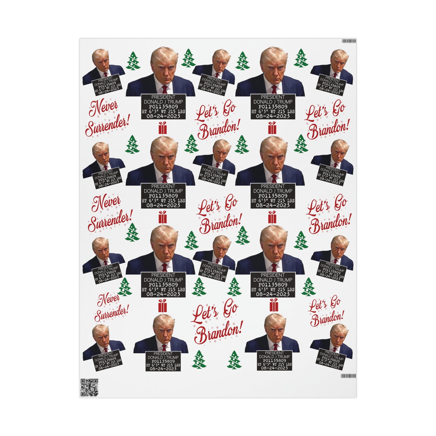The Trump Mugshot Gift Wrap - Let's Go Brandon Gift Wrap - Santa Trump 2024 Never Surrender Wrapping Paper