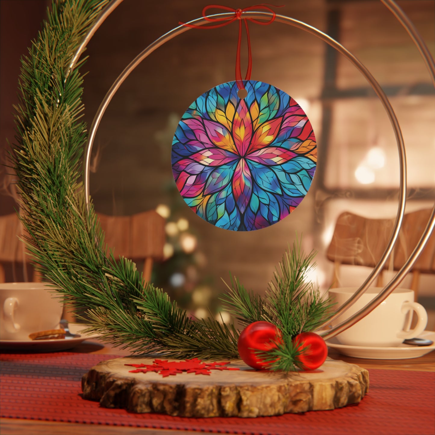 Christmas Mandala Rainbow Stained Glass Style Ornament Lightweight Shaterproof Metal Ornaments Christmas Ornament Exchange Decoration Gift