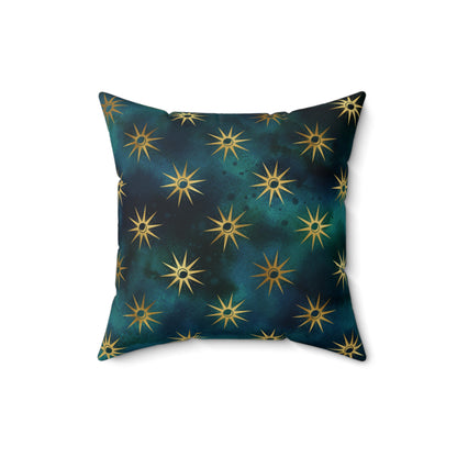 Fantasy Space Blue Teal Green Gold Moon Sun Print Spun Polyester Square Pillow