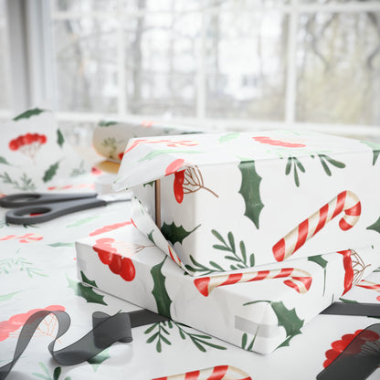 Candy Cane Holly Pastel Christmas Gift Wrap - Christmas Wrapping Paper