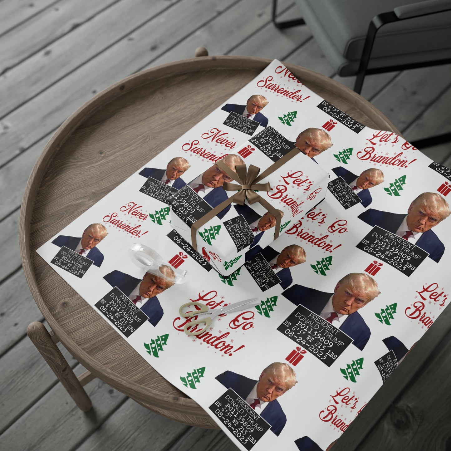 The Trump Mugshot Gift Wrap - Let's Go Brandon Gift Wrap - Santa Trump 2024 Never Surrender Wrapping Paper