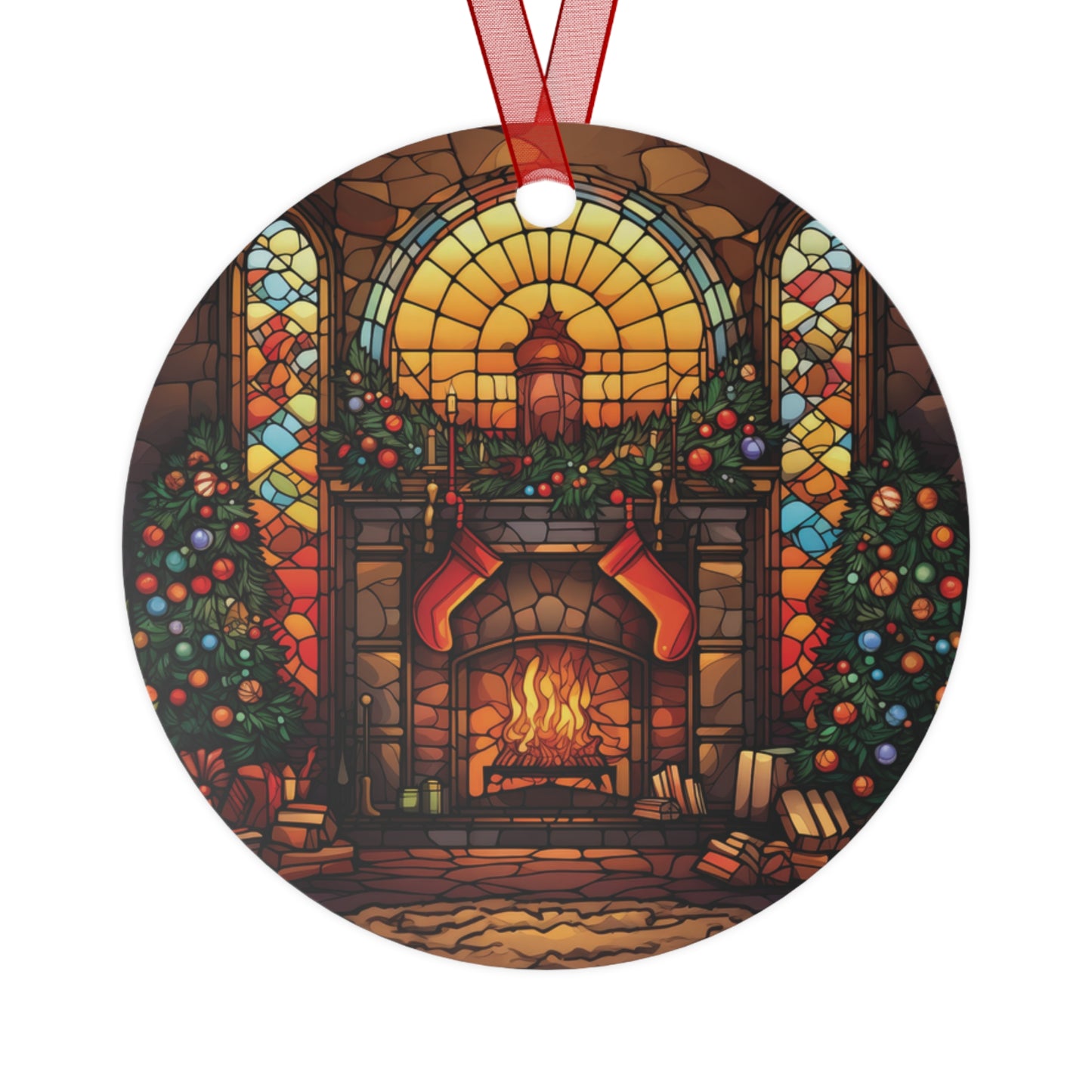 Cozy Christmas Fireplace Stained Glass Style Ornament Lightweight Shaterproof Metal Ornaments Christmas Ornament Exchange Decoration Gift