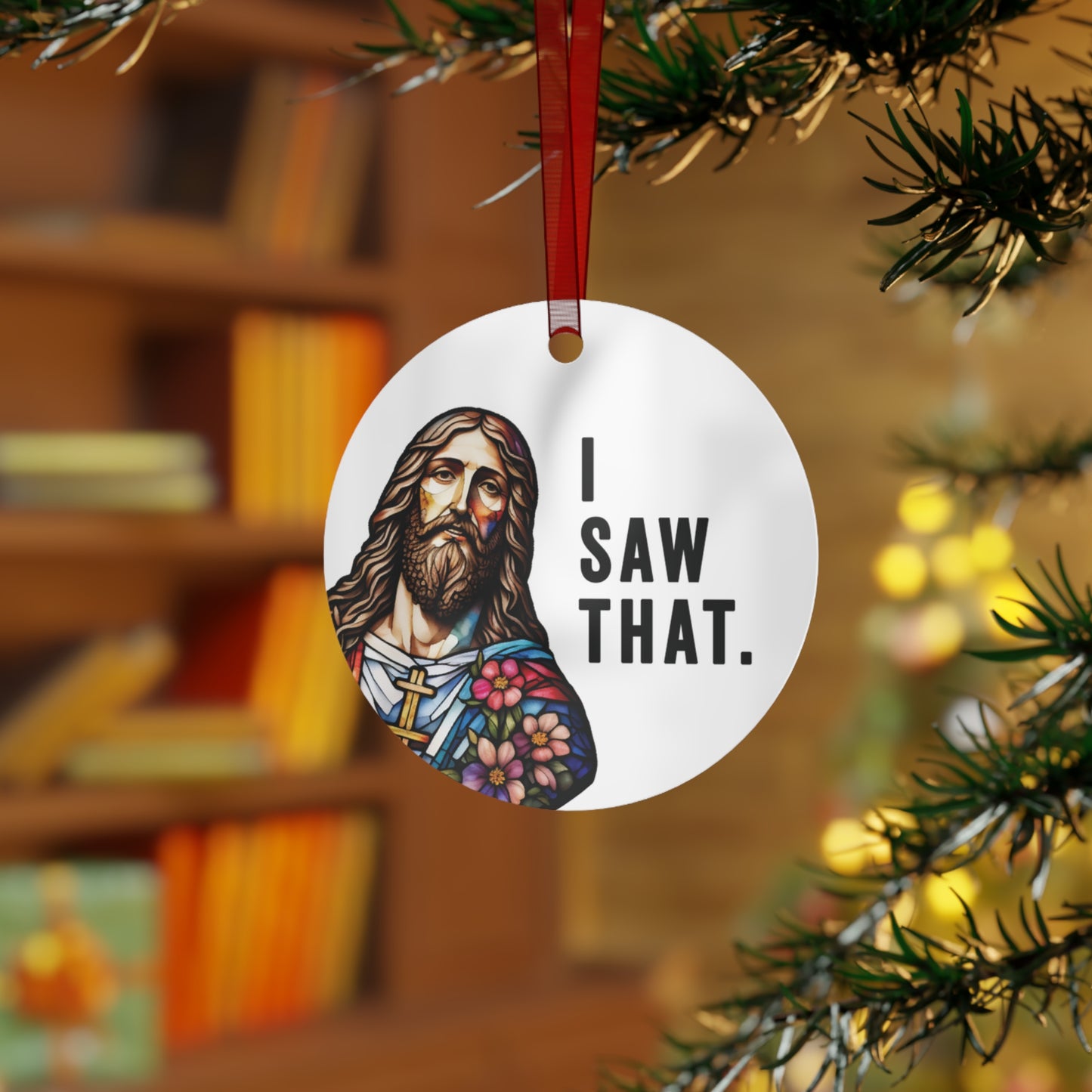 Funny Jesus Ornament I Saw That Stained Glass Style Ornament Lightweight Shaterproof Metal Ornaments Christmas Ornament Exchange Christmas