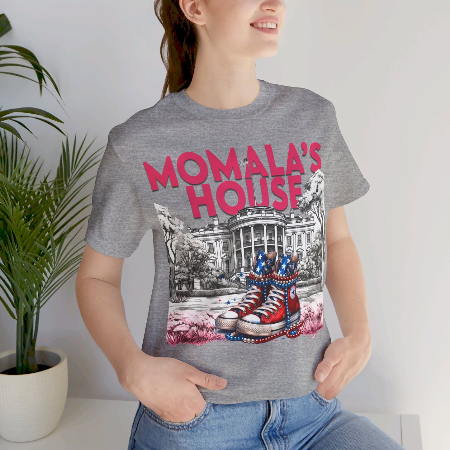 Momala, Momala's House, Madam President Kamala, Bella Canvas 3001 Unisex T-Shirt, Kamala Shirt, Kamala DNC Shirt, Kamala Chucks Pearls