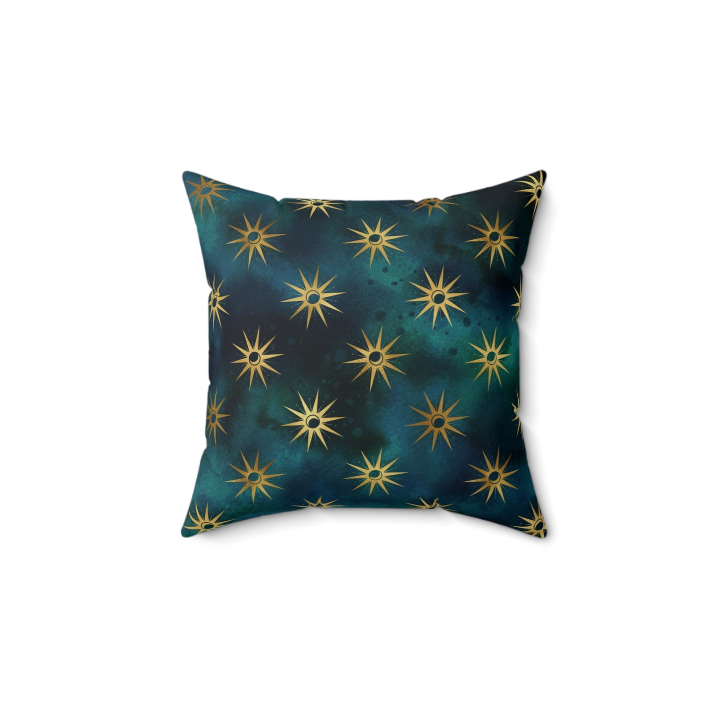 Fantasy Space Blue Teal Green Gold Moon Sun Print Spun Polyester Square Pillow