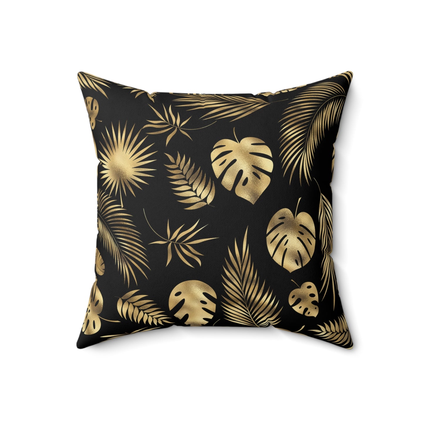 Gorgeous Print Black Gold Monstera Fern Leaves Spun Polyester Square Pillow