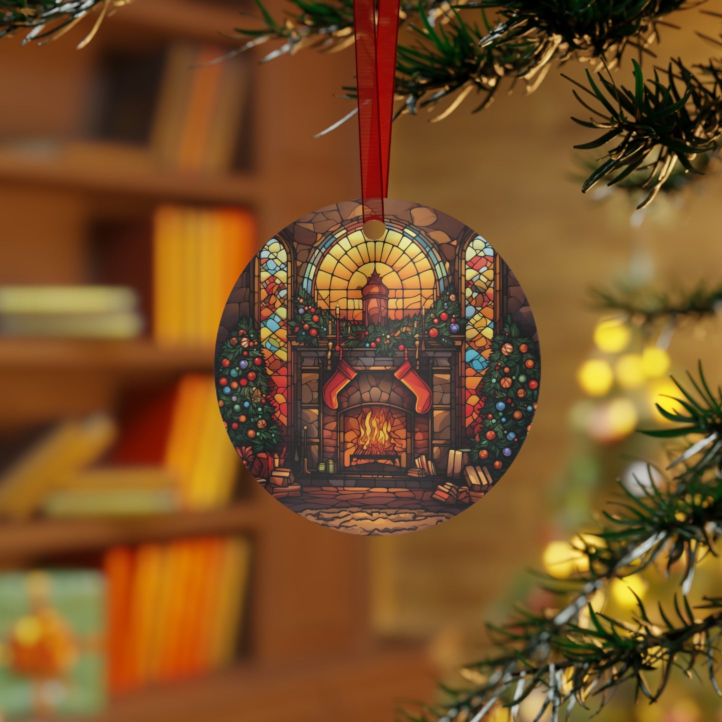 Cozy Christmas Fireplace Stained Glass Style Ornament Lightweight Shaterproof Metal Ornaments Christmas Ornament Exchange Decoration Gift