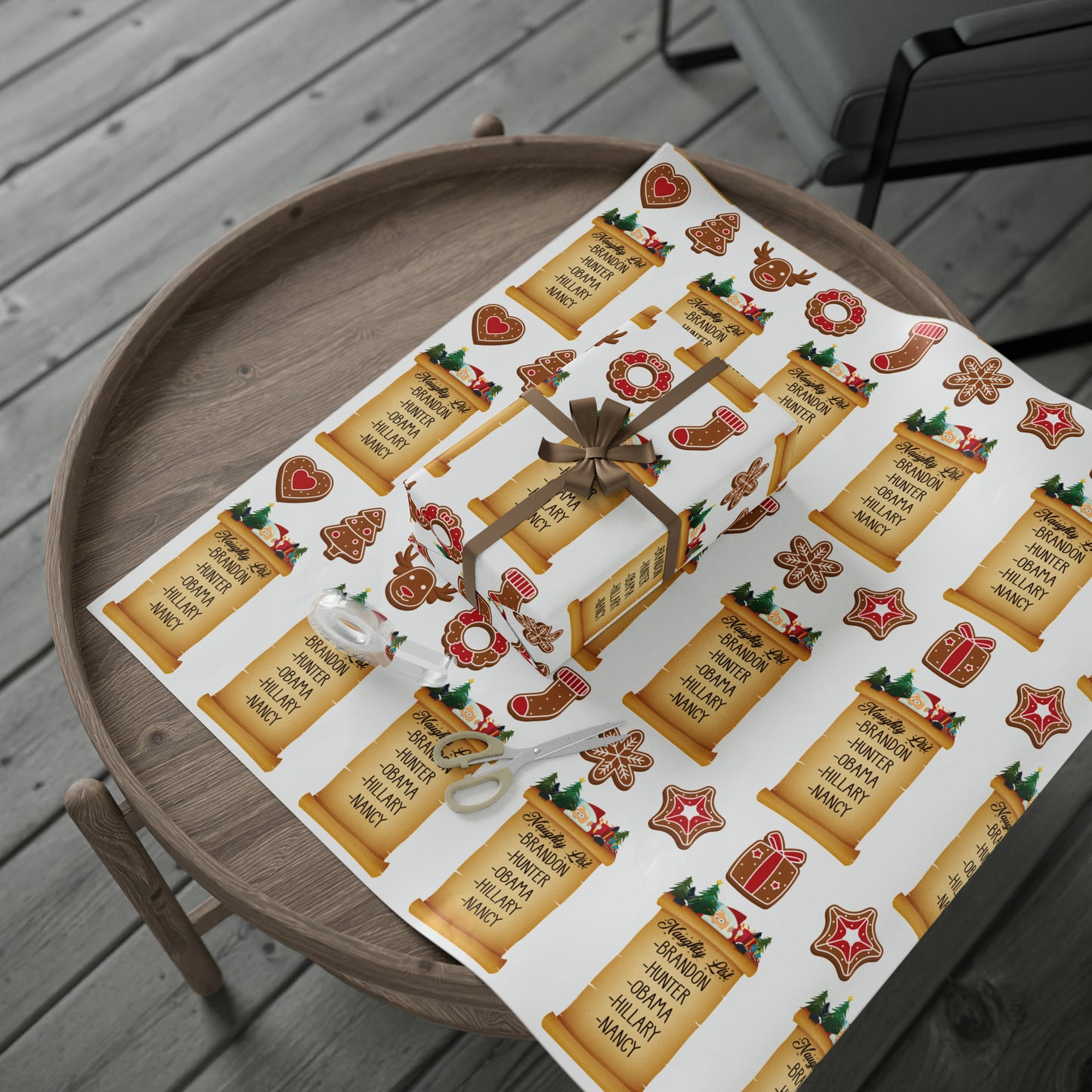 Great Funny Trump Wrapping Paper for Gifts - Pro Trump Naughty List Gingerbread Christmas Gift Wrap