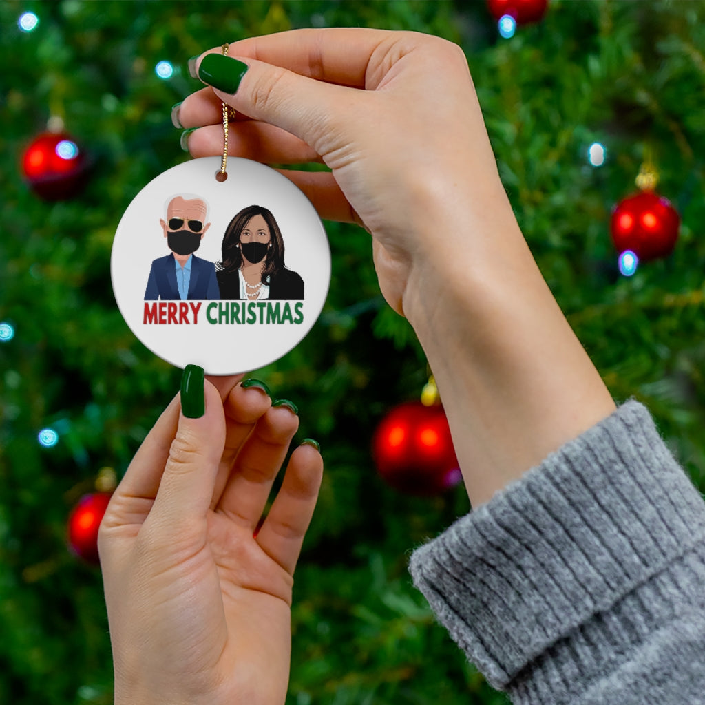 President Elect Joe Biden Kamala Harris Merry Christmas Ceramic Ornaments - Biden Harris Christmas Ornaments - Double Sided Ornaments