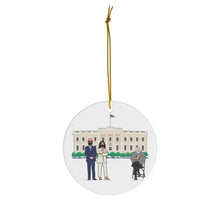 Load image into Gallery viewer, Bernie Sanders Mittens Christmas Ornament - President Biden Madam VP Kamala Harris at White House ft Bernie Sitting Chair Ceramic Ornaments
