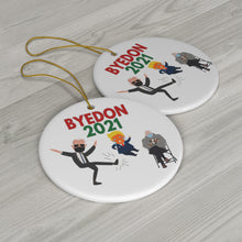 Load image into Gallery viewer, Byedon 2021 - President Biden Kicking Trump Bernie Sanders sits in chair and watches with his mittens on - Bernie Ornament Biden Ornament
