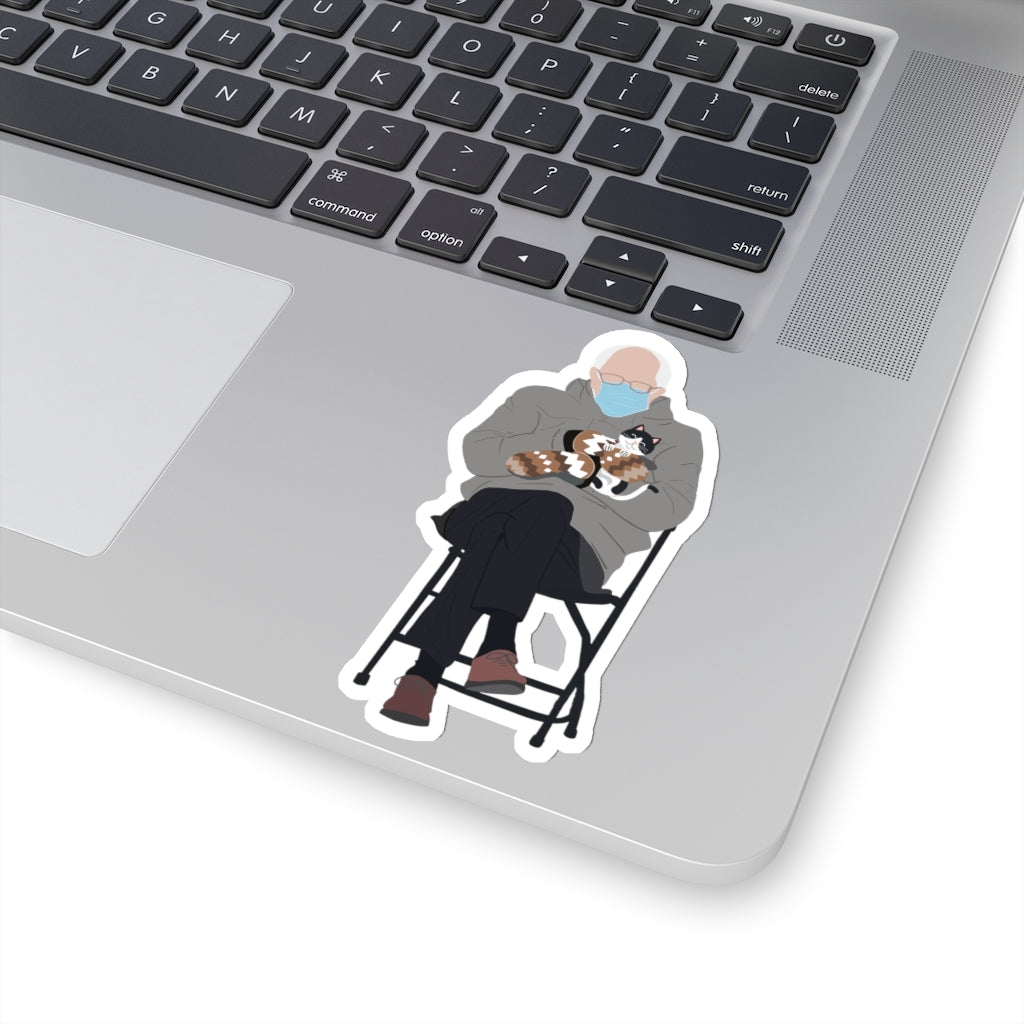 Bernie Sanders Cat Sitting Meme Sticker - Bernie Sitting Meme 2021 - Bernie Holding Cat at Biden Inauguration 2021 - Meme Kiss-Cut Stickers