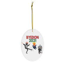 Load image into Gallery viewer, Byedon 2021 - President Biden Kicking Trump Bernie Sanders sits in chair and watches with his mittens on - Bernie Ornament Biden Ornament
