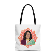 Load image into Gallery viewer, Vice President Kamala Aunty Tote Bag - Kamala Tote - Kamala Harris - Kamala Sari South Asian - Aunty VP Kamala - Kamala Lotus Flower Tote
