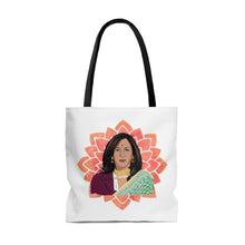 Load image into Gallery viewer, Vice President Kamala Aunty Tote Bag - Kamala Tote - Kamala Harris - Kamala Sari South Asian - Aunty VP Kamala - Kamala Lotus Flower Tote
