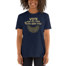 Load image into Gallery viewer, Vote Tshirt Vote and Tell them Ruth Sent You - Ruth Bader Ginsburg Tshirt - Vote Biden Harris - Notorious RBG Dissent Collar Vote RBG
