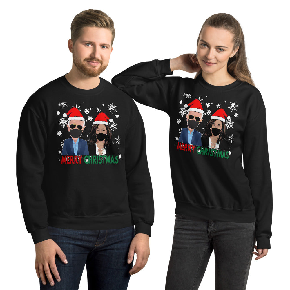 President Joe Biden VP Kamala Harris Christmas Sweatshirt - Biden Harris Mask Ugly Christmas Sweater - Christmas Snowflake Unisex Sweatshirt