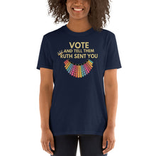 Load image into Gallery viewer, RBG Vote Tshirt - Ruth Bader Ginsburg - VOTE and tell them Ruth Sent You - RBG Tshirt - Rainbow Dissent Collar Tshirt
