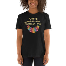 Load image into Gallery viewer, RBG Vote Tshirt - Ruth Bader Ginsburg - VOTE and tell them Ruth Sent You - RBG Tshirt - Rainbow Dissent Collar Tshirt
