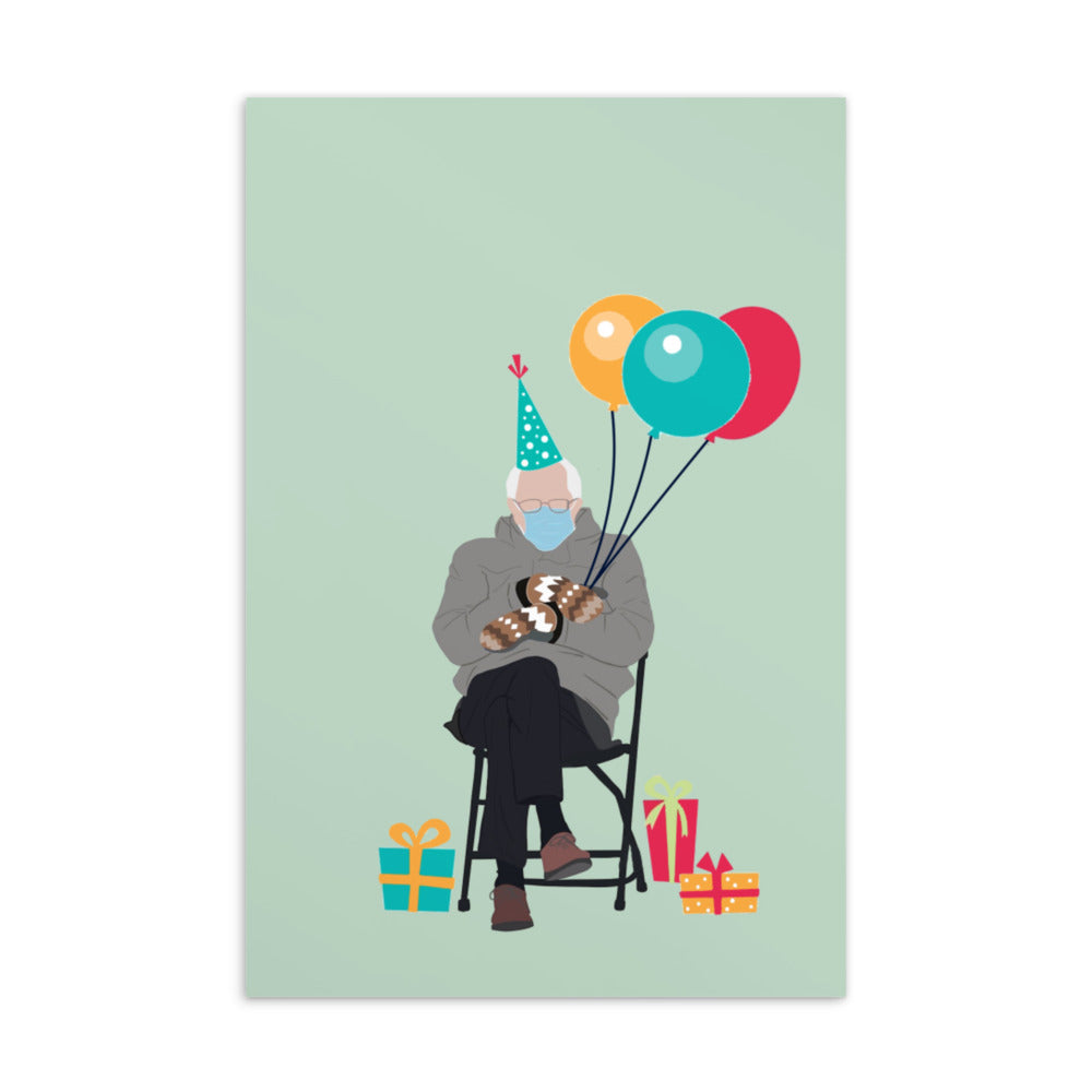 Bernie Sanders Birthday Postcard - Bernie Sitting Mittens Postcard - Bernie Sanders Happy Birthday Postcard Balloons Standard Postcard 4x6