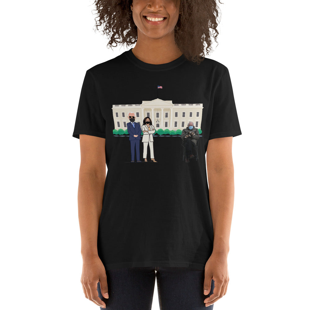 President Biden Vice President Kamala Harris at White House with Bernie Sitting in Chair 2021 Meme Shirt - Feel the Bern Mood Unisex T-Shirt