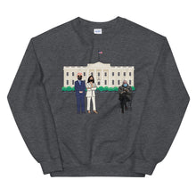 Load image into Gallery viewer, President Biden Vice President Kamala Harris at White House with Bernie Sitting in Chair 2021 Meme Sweatshirt - Feel the Bernie Unisex
