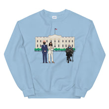 Load image into Gallery viewer, President Biden Vice President Kamala Harris at White House with Bernie Sitting in Chair 2021 Meme Sweatshirt - Feel the Bernie Unisex
