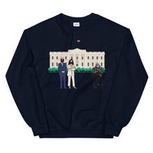 Load image into Gallery viewer, President Biden Vice President Kamala Harris at White House with Bernie Sitting in Chair 2021 Meme Sweatshirt - Feel the Bernie Unisex
