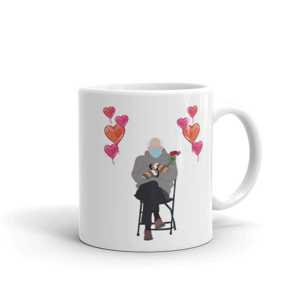 Bernie Sanders Valentines Mug 11oz - Bernie Valentine Gift Mug - Bernie Sitting Chair Roses and Bernie Mittens Heart Balloons - Bernie Mug
