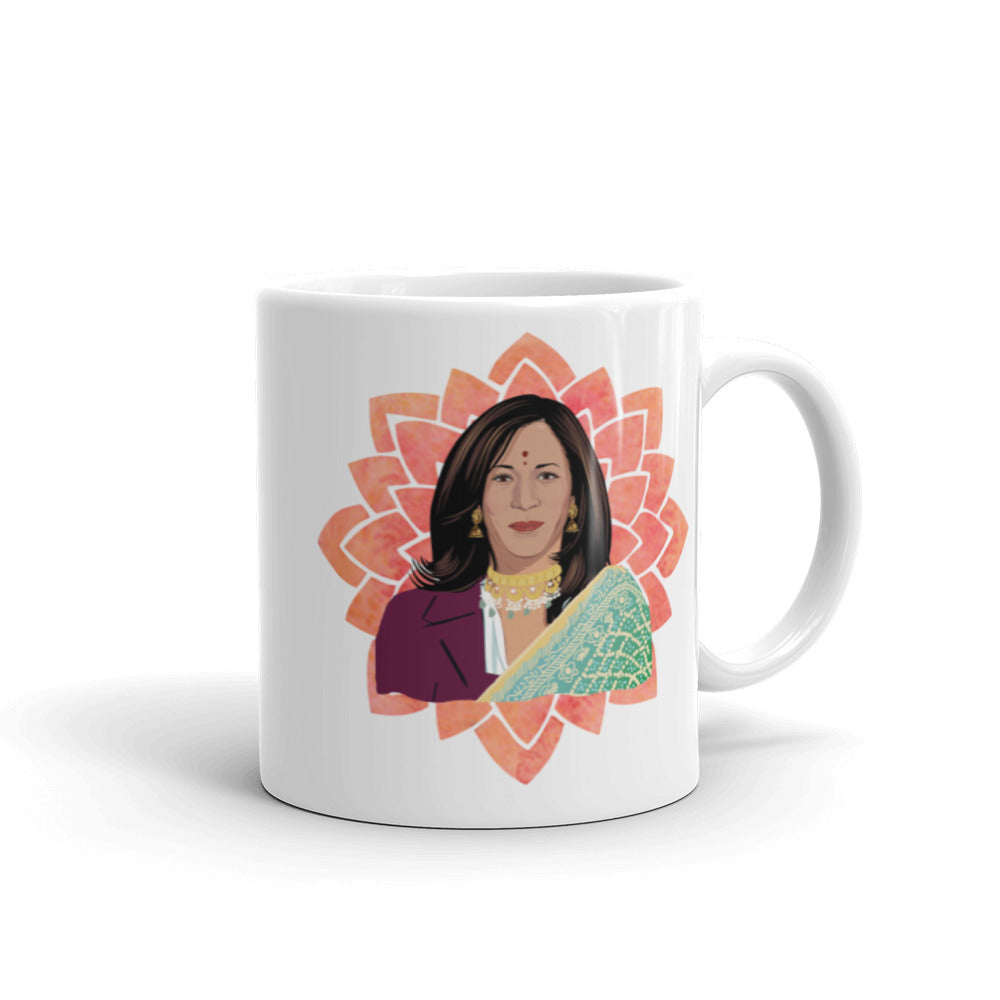 Vice President Kamala Aunty Mug - Kamala Mug - Kamala Harris- Kamala Sari South Asian - Aunty VP Kamala - Kamala Gift Lotus Flower Mug